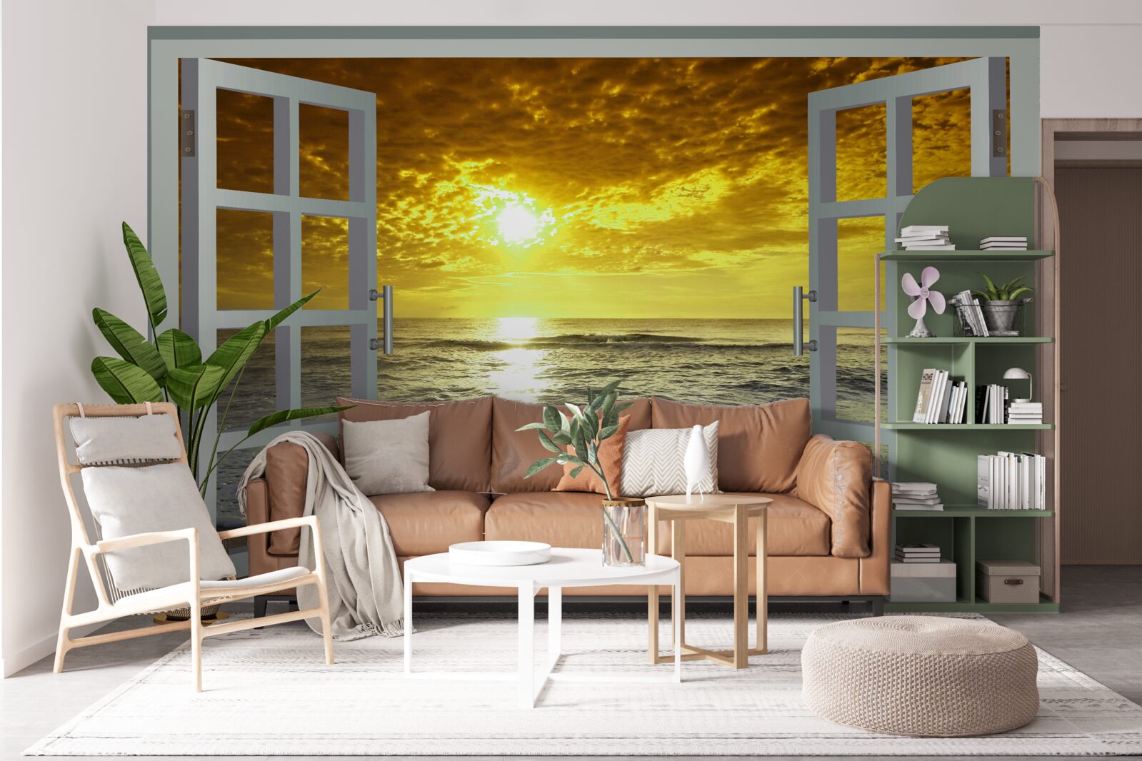 Fotobehang prachtig uitzicht op de zonsondergang over de zee recht vanuit het raam