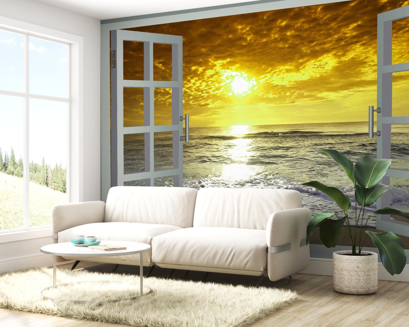 Fotobehang prachtig uitzicht op de zonsondergang over de zee recht vanuit het raam