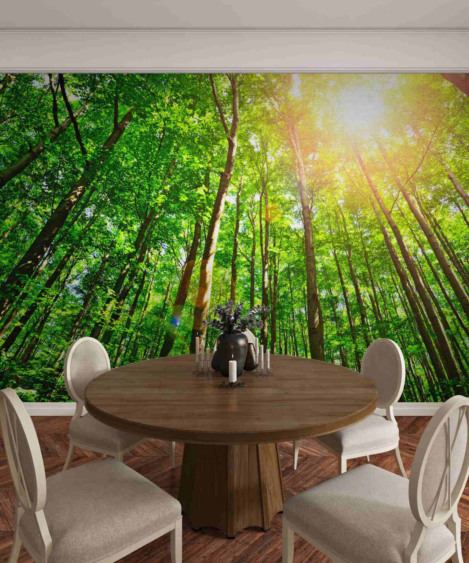Fotobehang rijk zonlicht prikt door de dichte randen van het bos