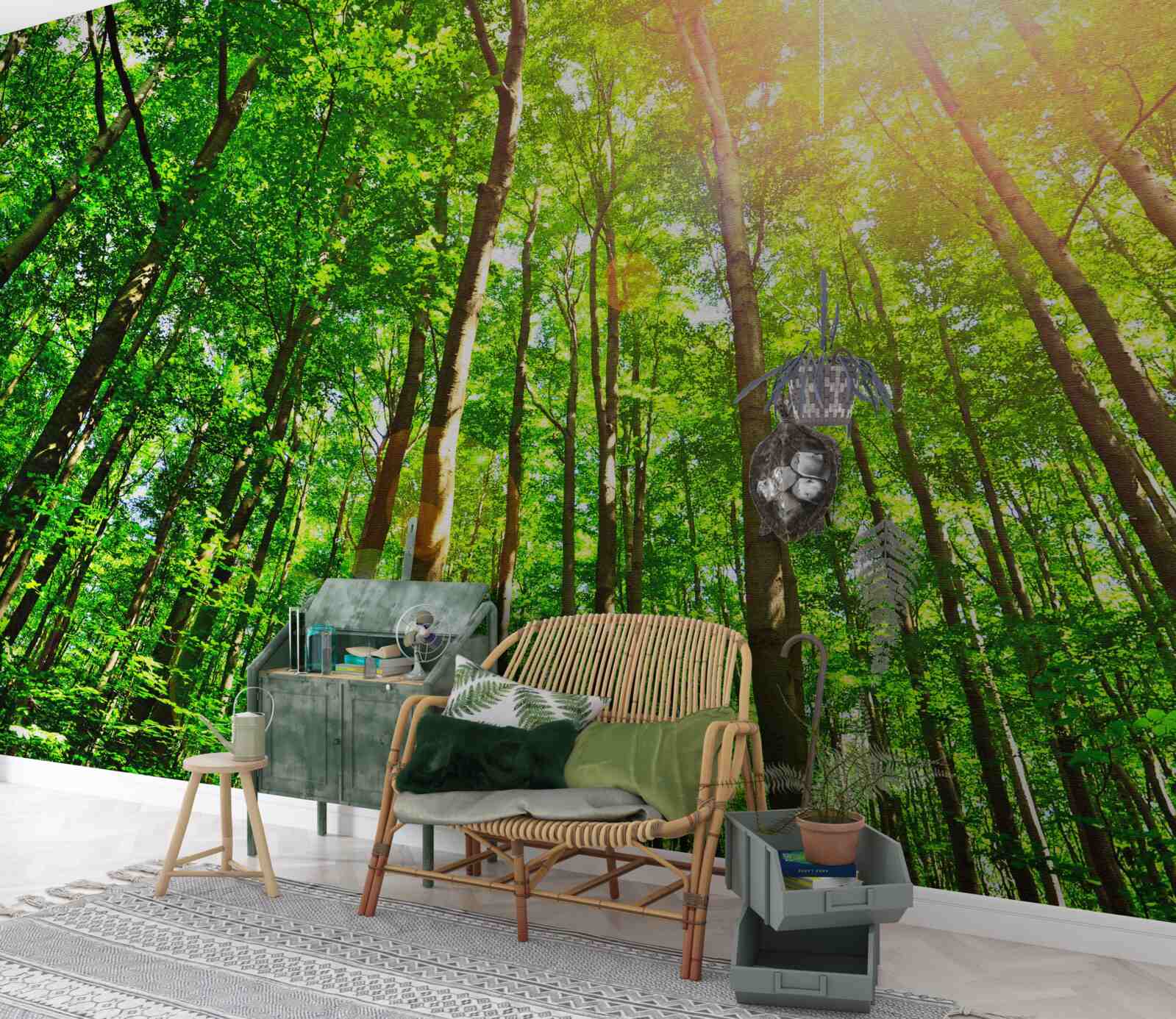 Fotobehang rijk zonlicht prikt door de dichte randen van het bos