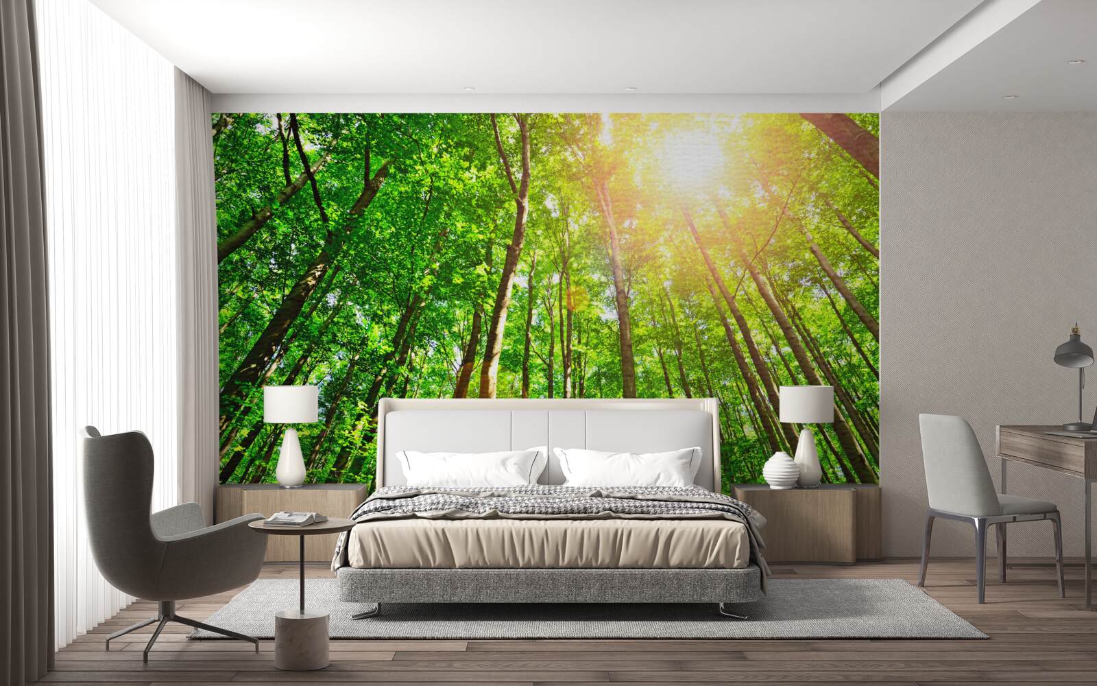 Fotobehang rijk zonlicht prikt door de dichte randen van het bos