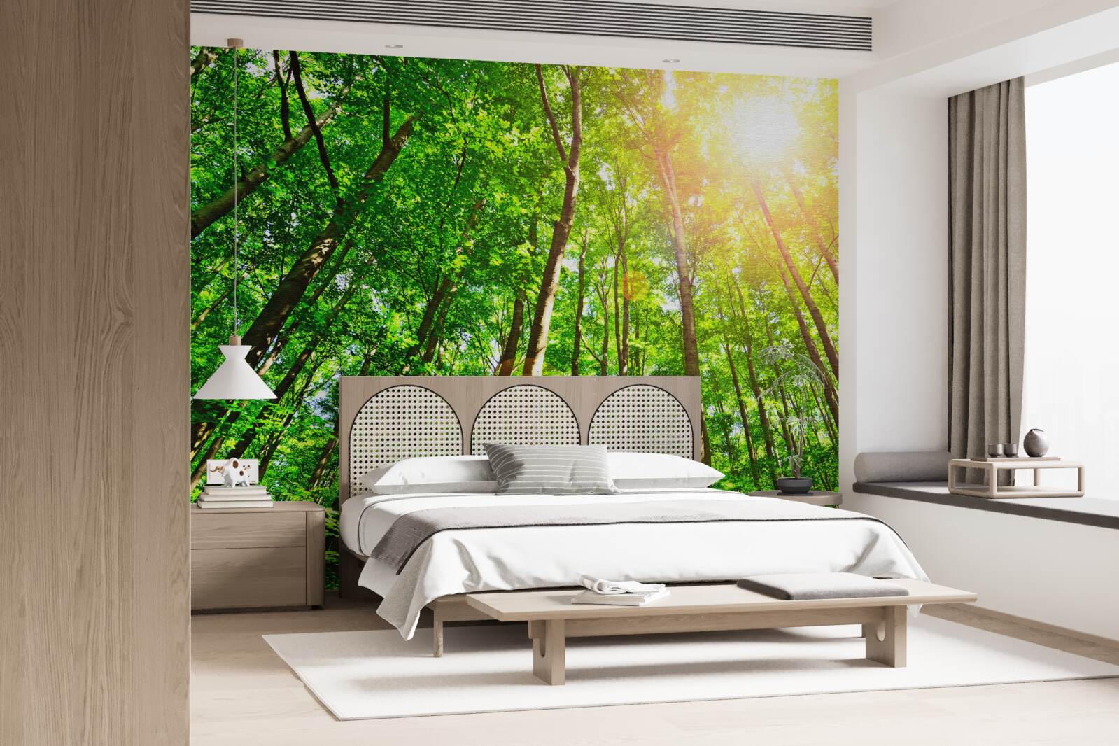 Fotobehang rijk zonlicht prikt door de dichte randen van het bos