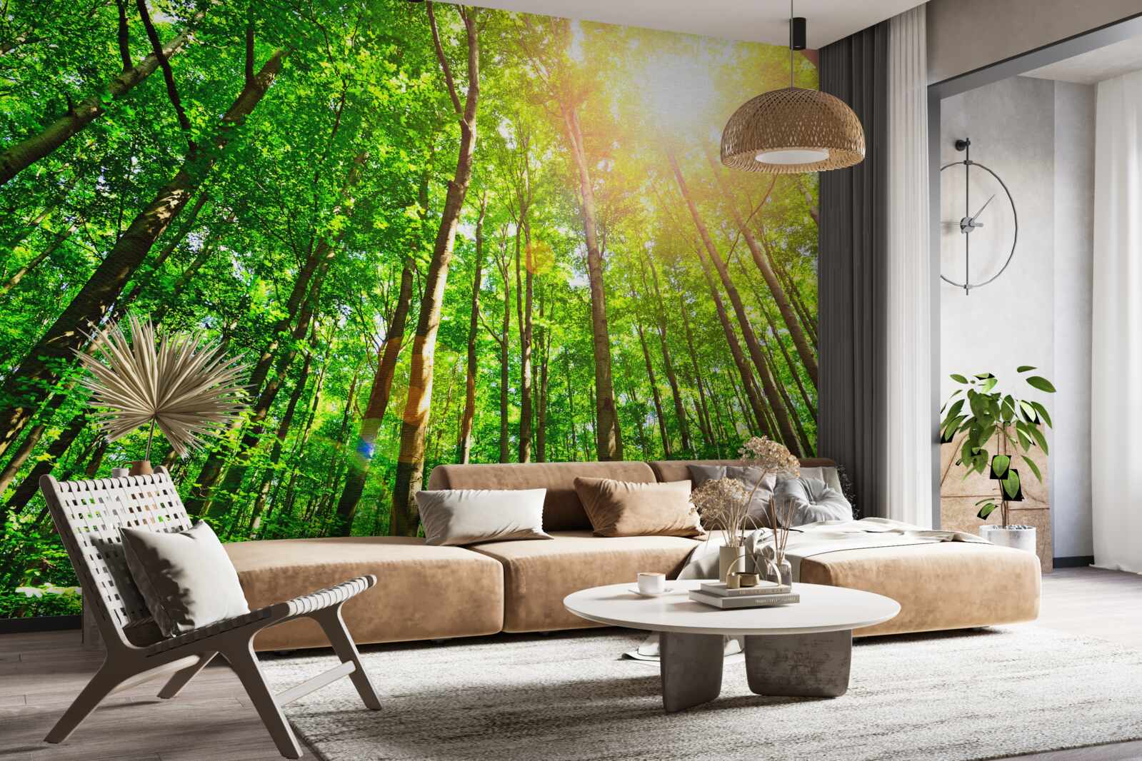 Fotobehang rijk zonlicht prikt door de dichte randen van het bos