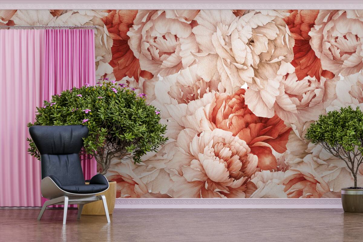 Fotobehang compositie van delicate witte en rode pioenrozen