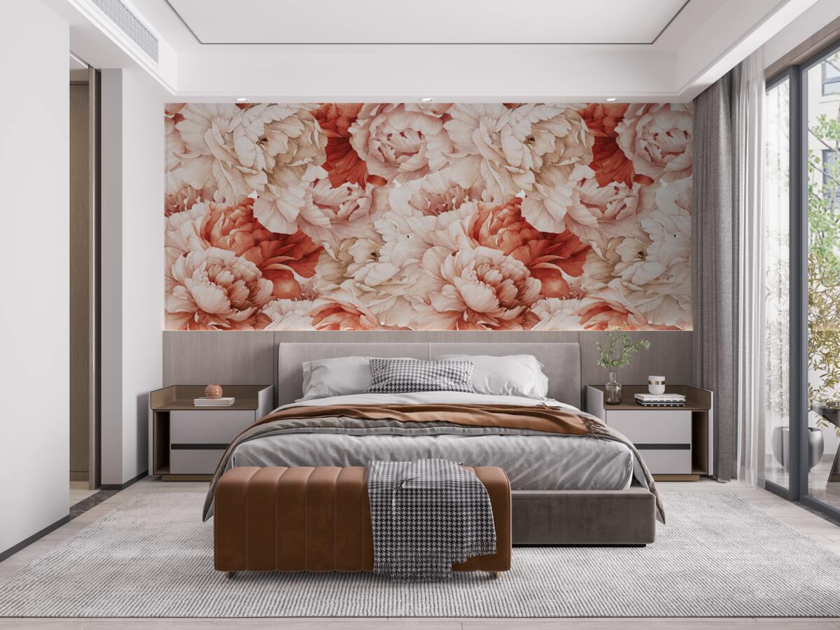 Fotobehang compositie van delicate witte en rode pioenrozen