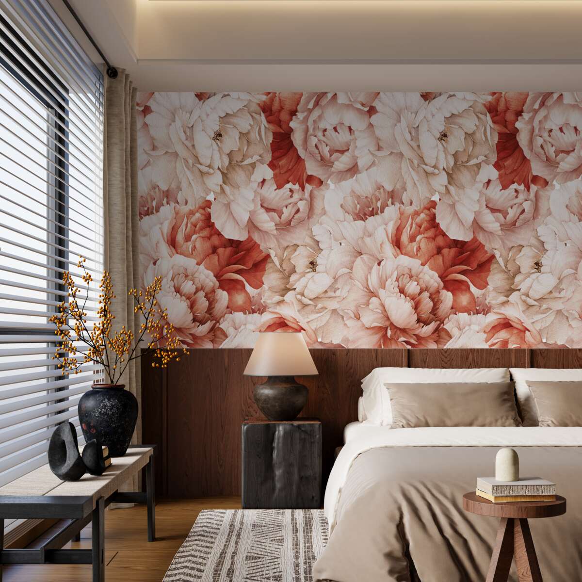 Fotobehang compositie van delicate witte en rode pioenrozen