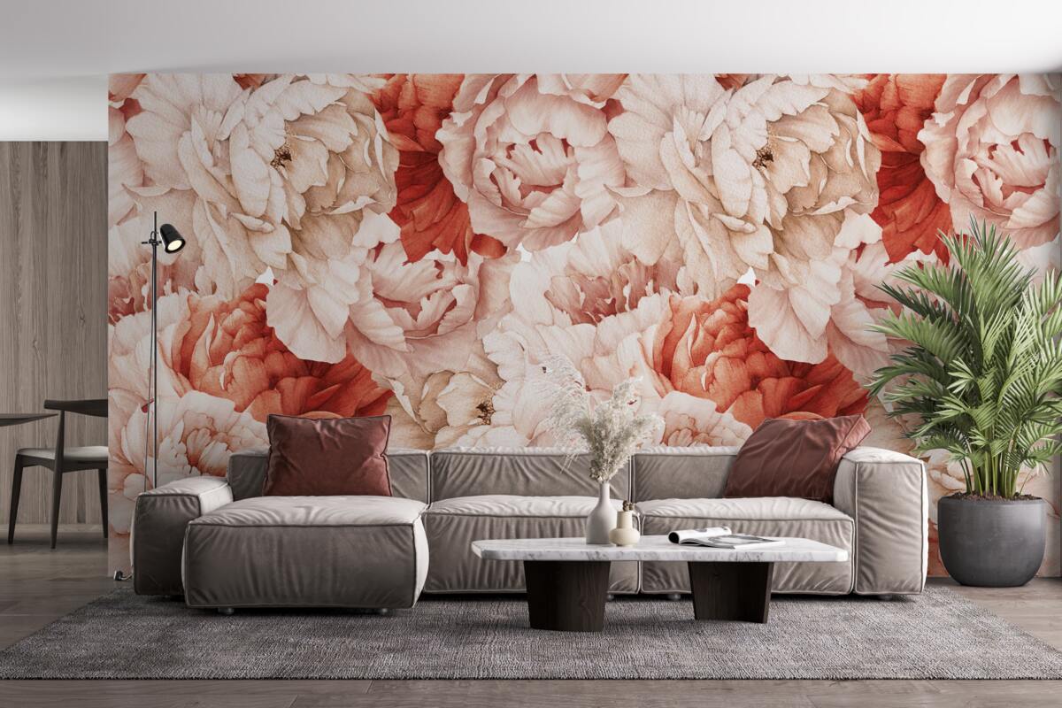 Fotobehang compositie van delicate witte en rode pioenrozen