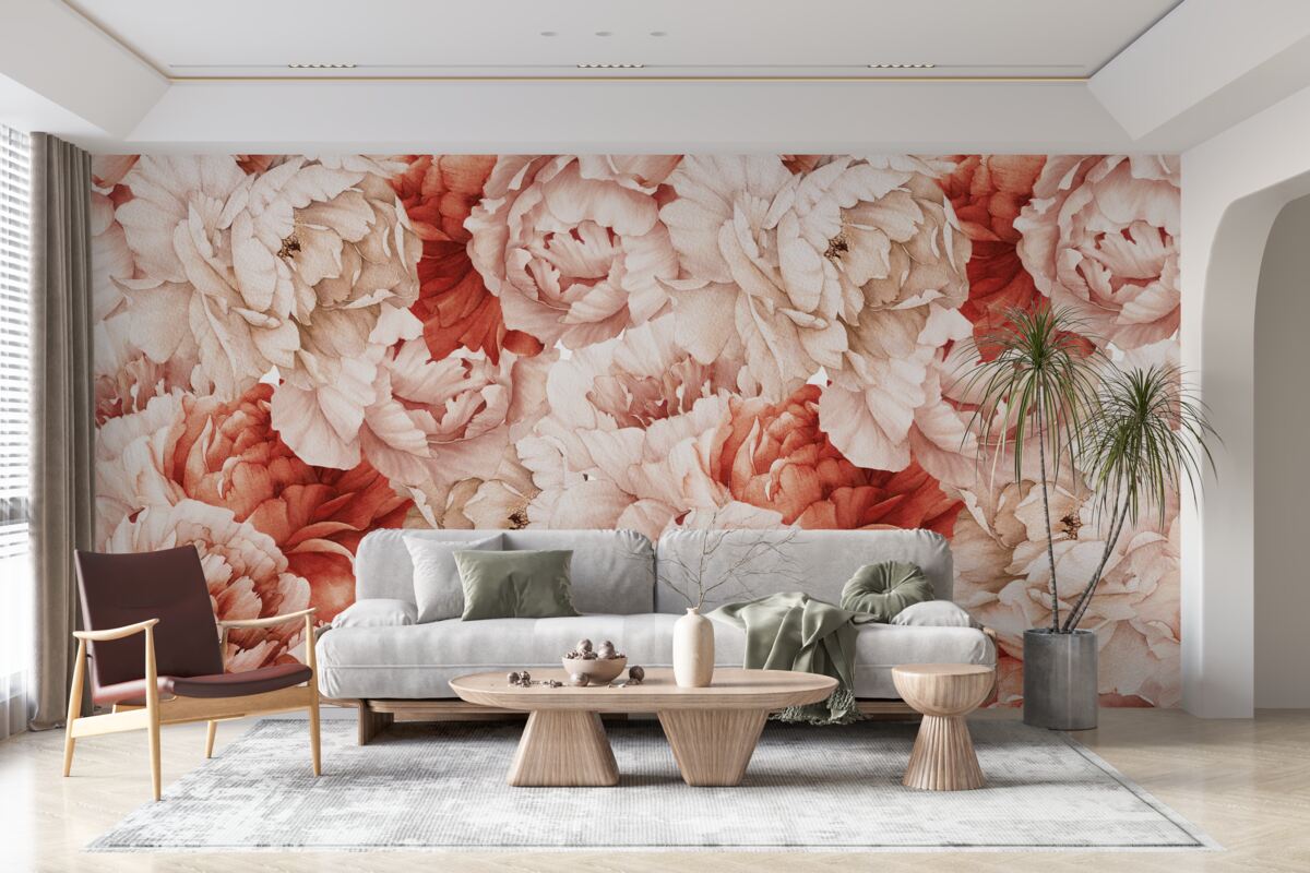 Fotobehang compositie van delicate witte en rode pioenrozen