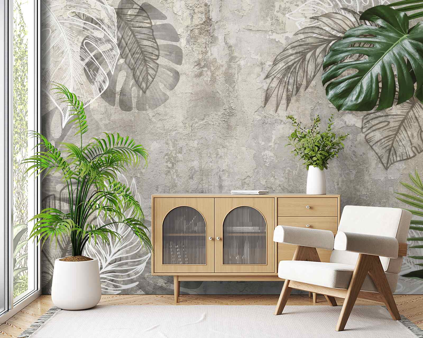 Fotobehang aquarel van een monstera en een varen