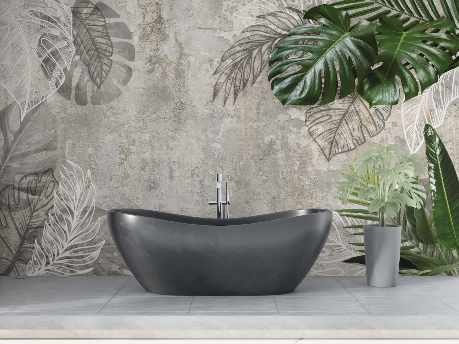 Fotobehang aquarel van een monstera en een varen