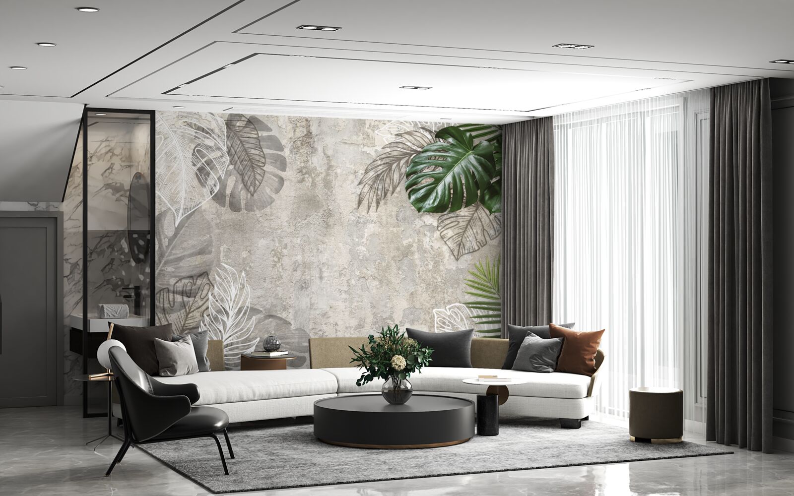 Fotobehang aquarel van een monstera en een varen