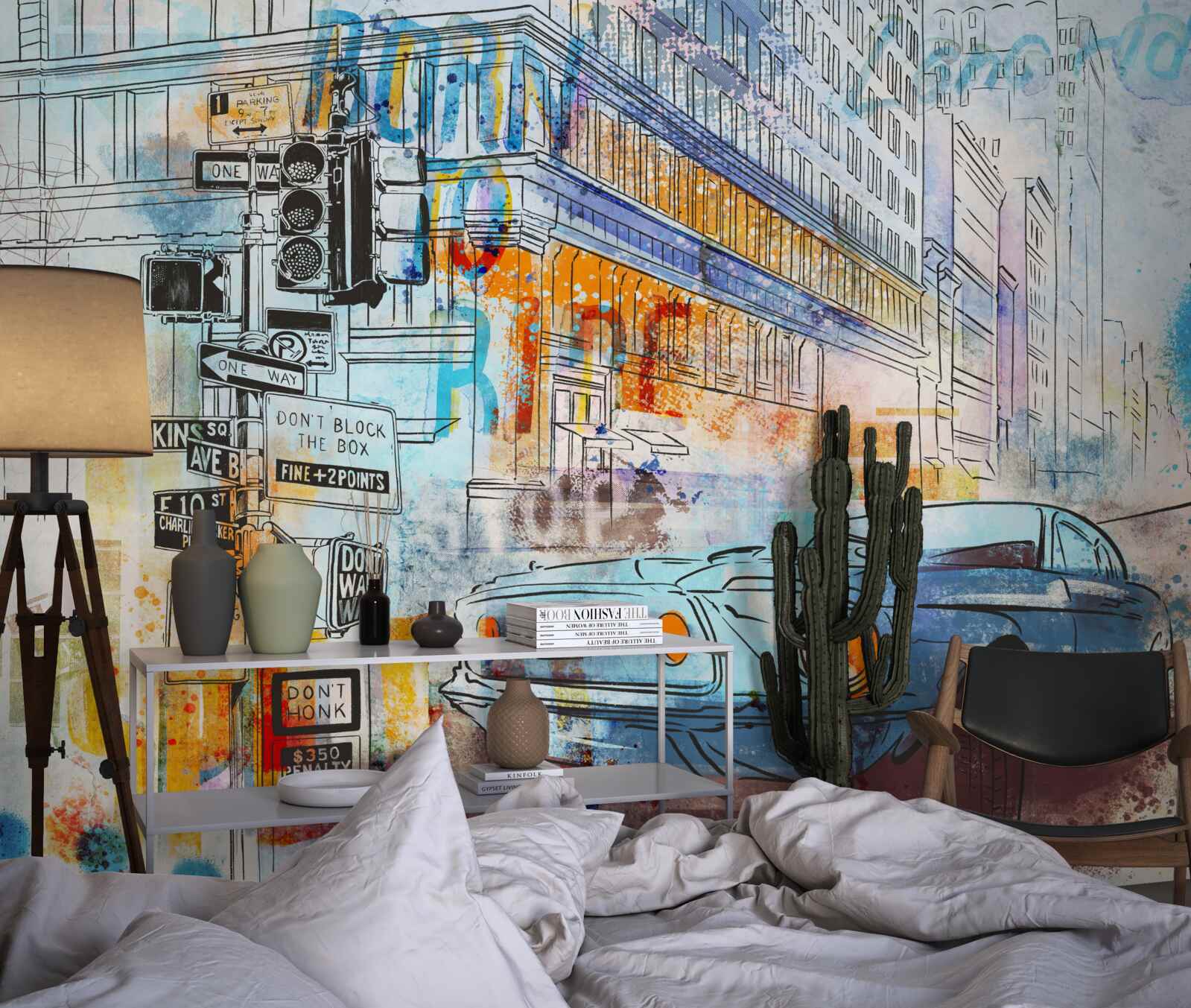 Fotobehang schetsen van auto's en straten in de stad