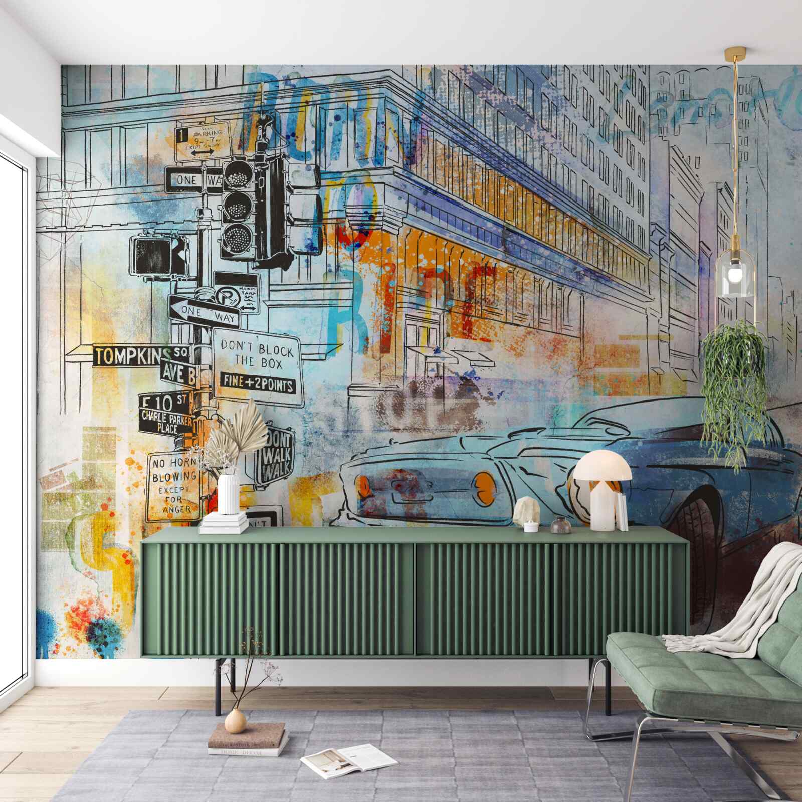 Fotobehang schetsen van auto's en straten in de stad