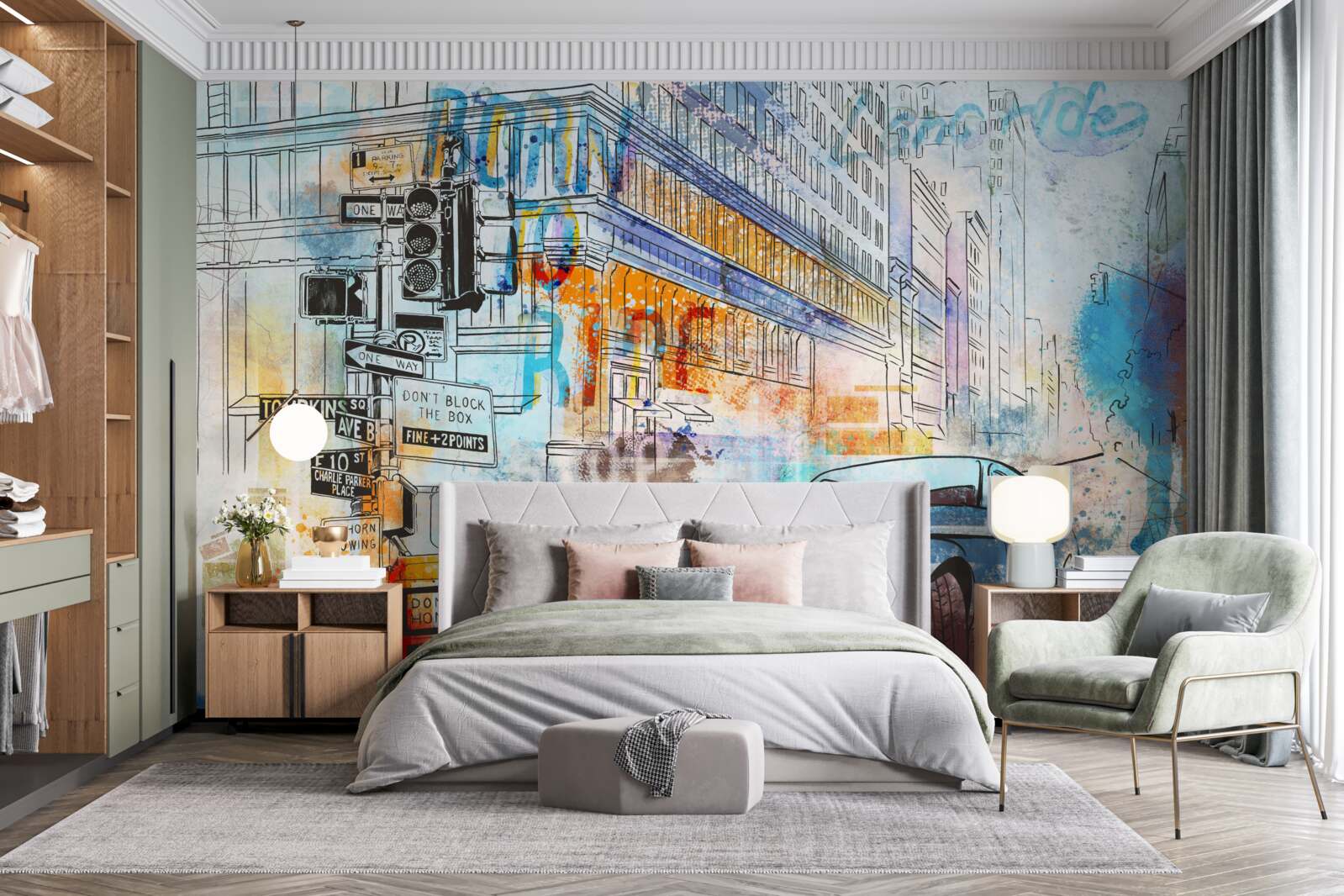 Fotobehang schetsen van auto's en straten in de stad