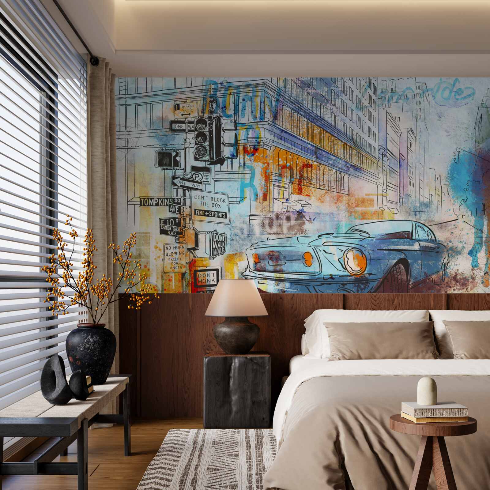 Fotobehang schetsen van auto's en straten in de stad