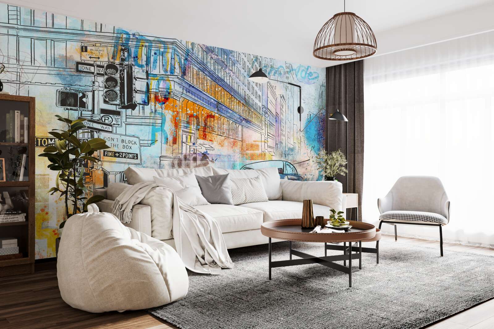 Fotobehang schetsen van auto's en straten in de stad