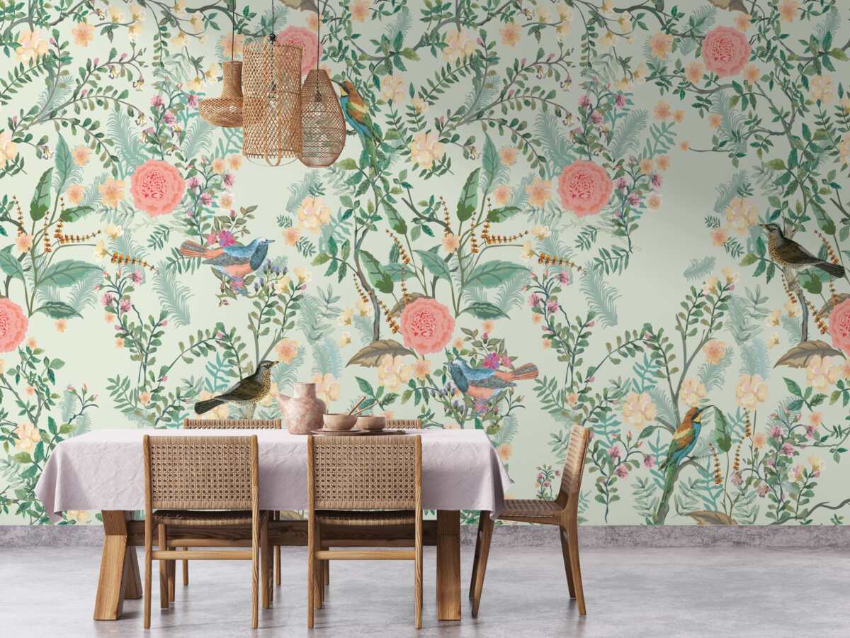 Fotobehang Levendige groene flora en vogels