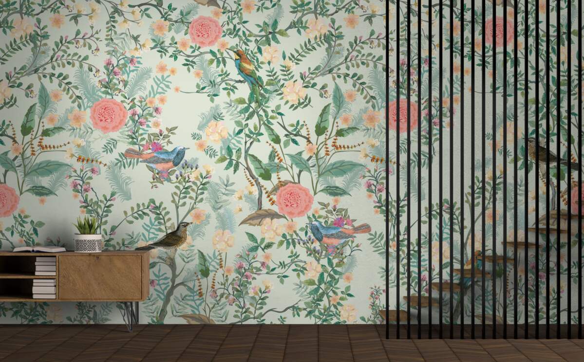 Fotobehang Levendige groene flora en vogels