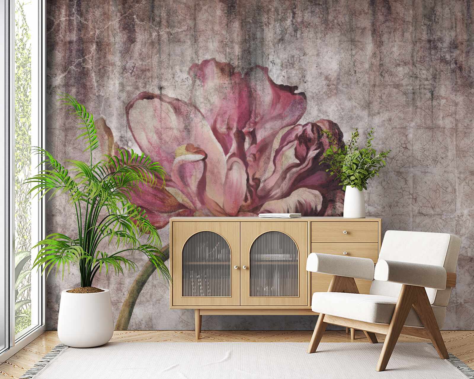 Fotobehang een eenzame scharlaken bloem in een stortbui