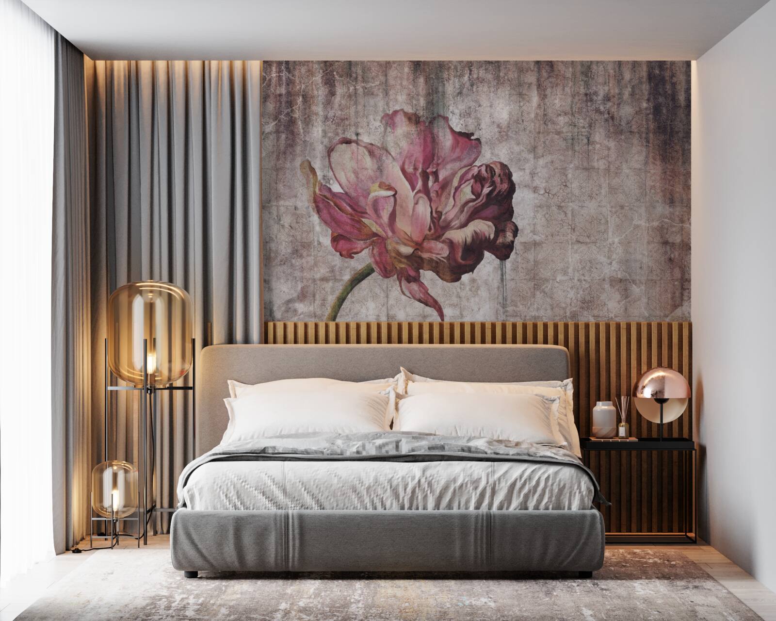 Fotobehang een eenzame scharlaken bloem in een stortbui