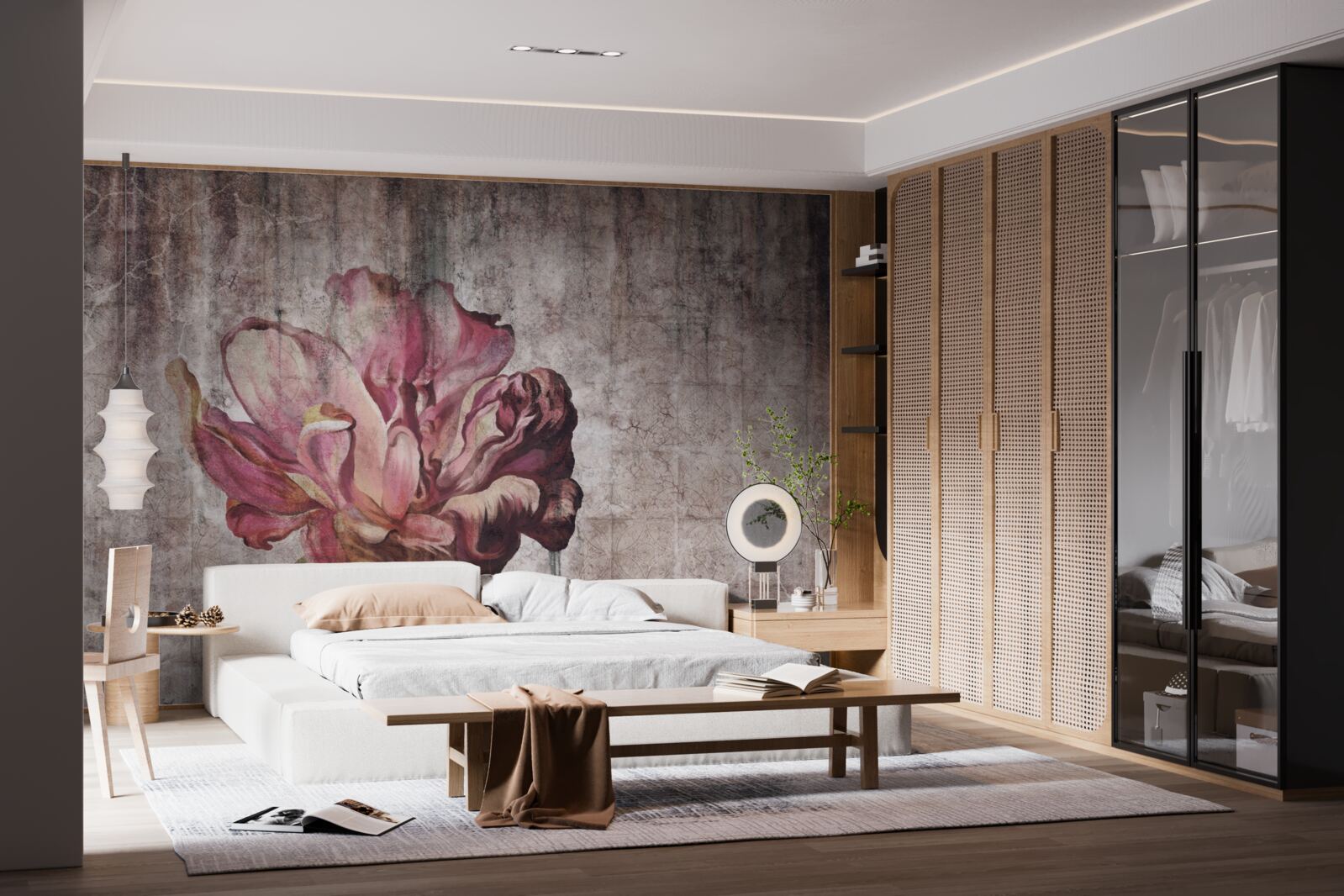 Fotobehang een eenzame scharlaken bloem in een stortbui