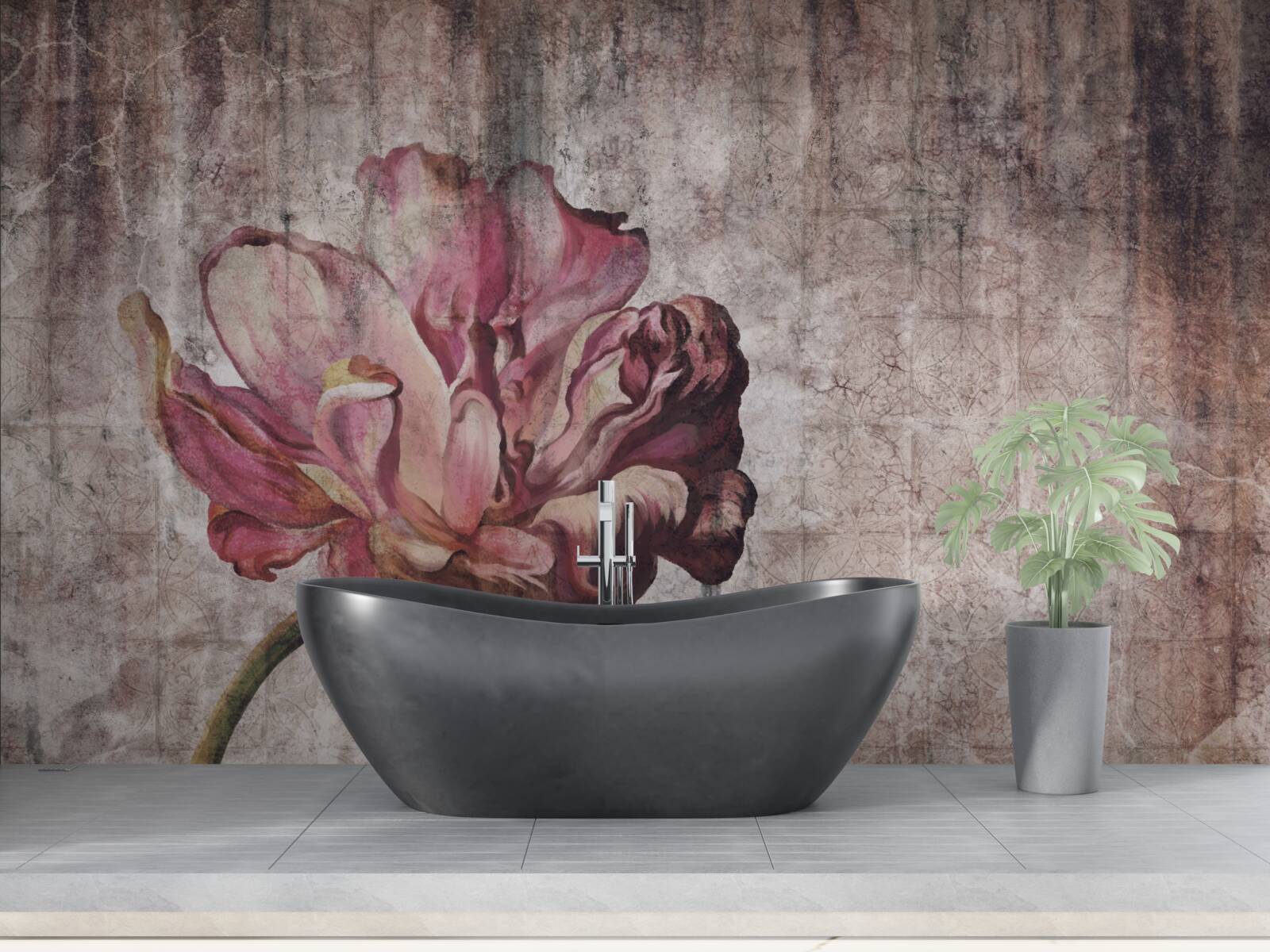 Fotobehang een eenzame scharlaken bloem in een stortbui