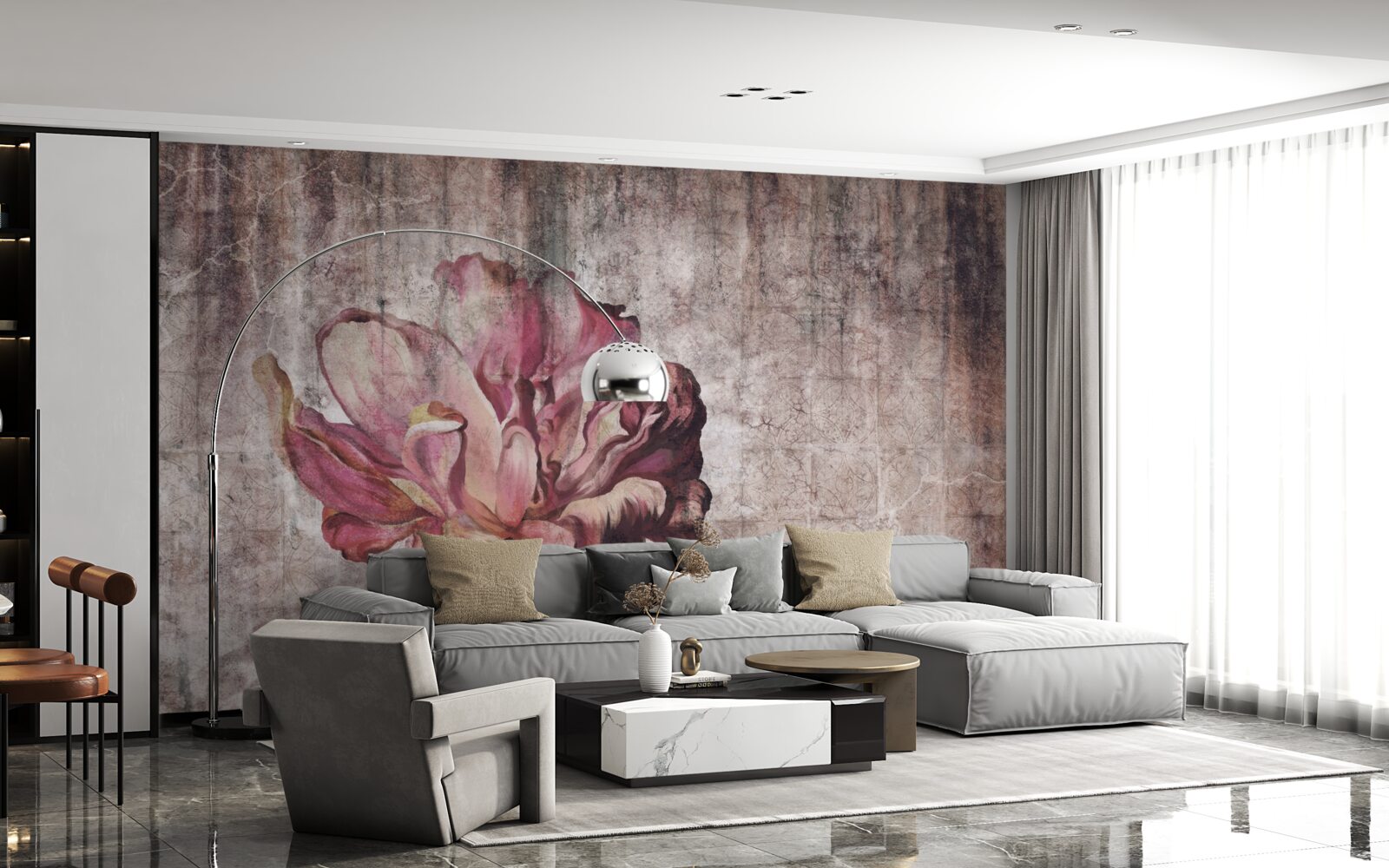 Fotobehang een eenzame scharlaken bloem in een stortbui