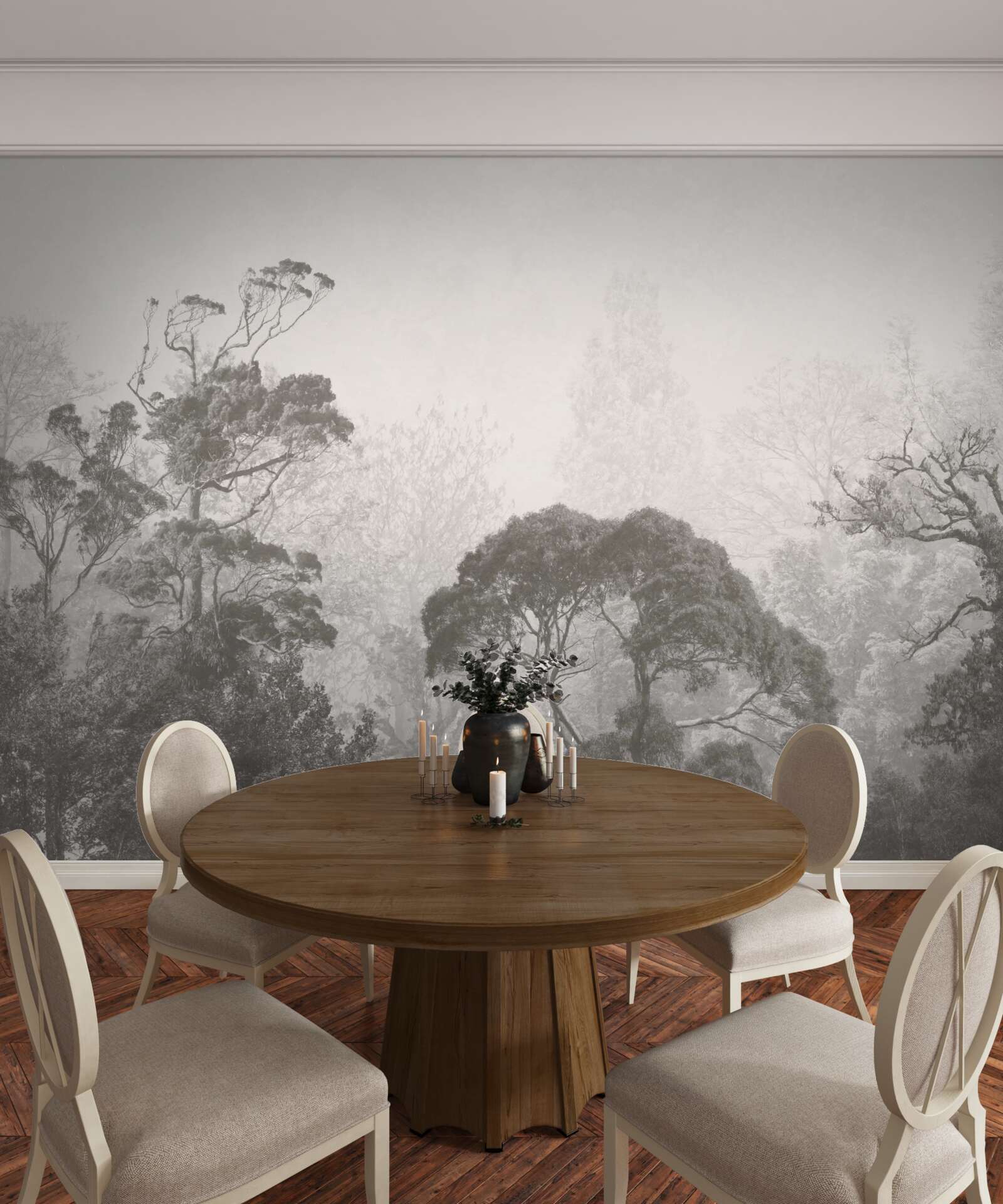 Fotobehang mist omhult de toppen van tropische bomen