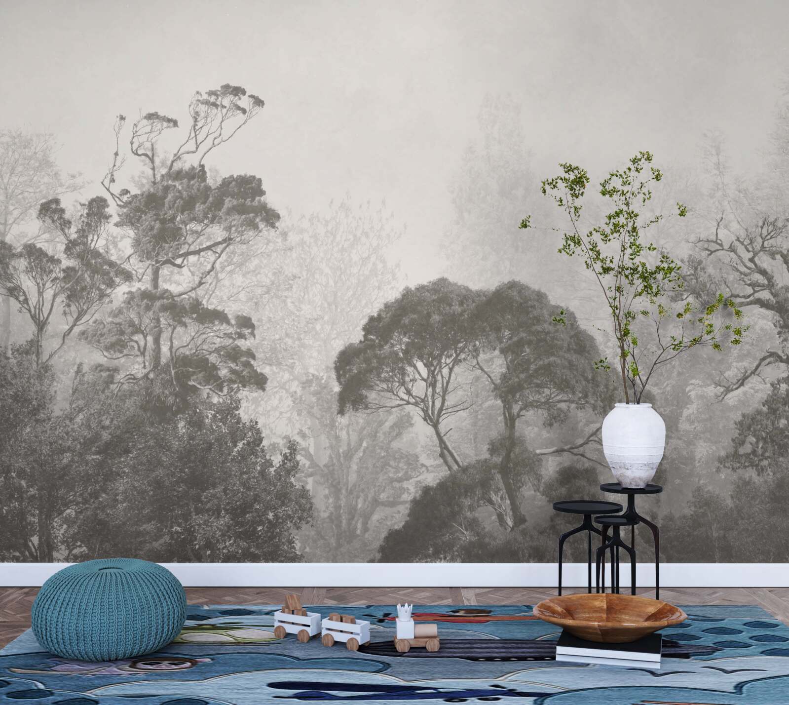 Fotobehang mist omhult de toppen van tropische bomen