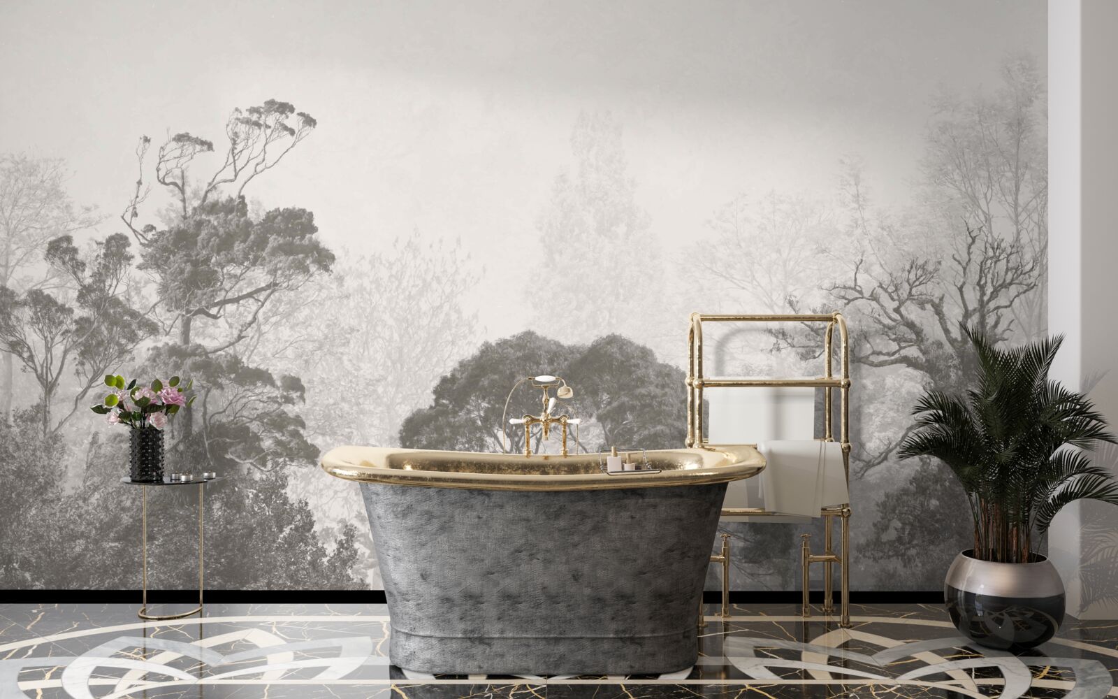 Fotobehang mist omhult de toppen van tropische bomen