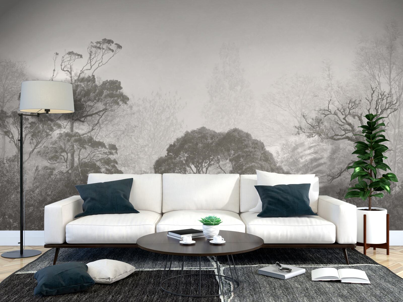 Fotobehang mist omhult de toppen van tropische bomen