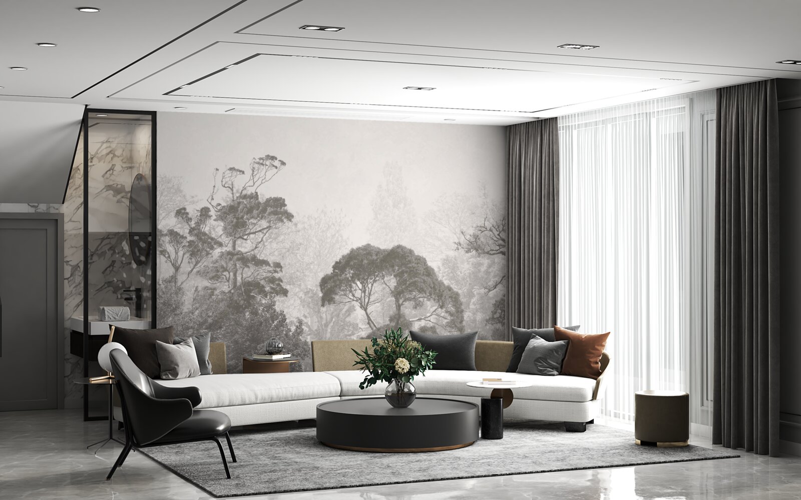 Fotobehang mist omhult de toppen van tropische bomen