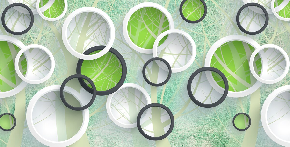 Fotobehang gekleurde cirkels met abstracte afbeeldingen van bomen