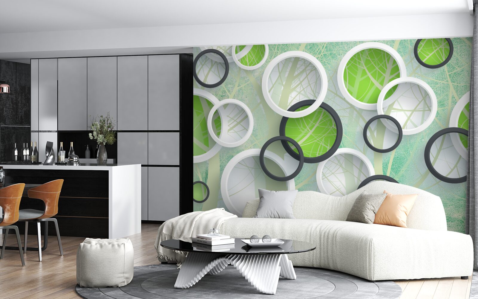 Fotobehang gekleurde cirkels met abstracte afbeeldingen van bomen