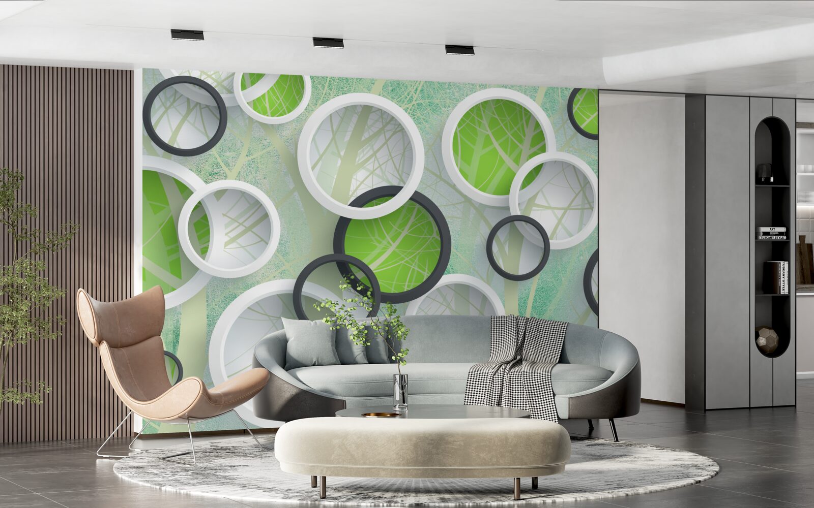 Fotobehang gekleurde cirkels met abstracte afbeeldingen van bomen