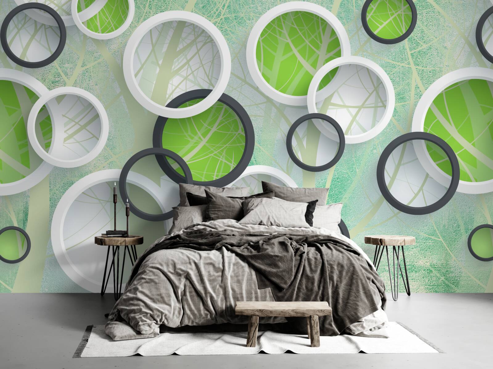 Fotobehang gekleurde cirkels met abstracte afbeeldingen van bomen