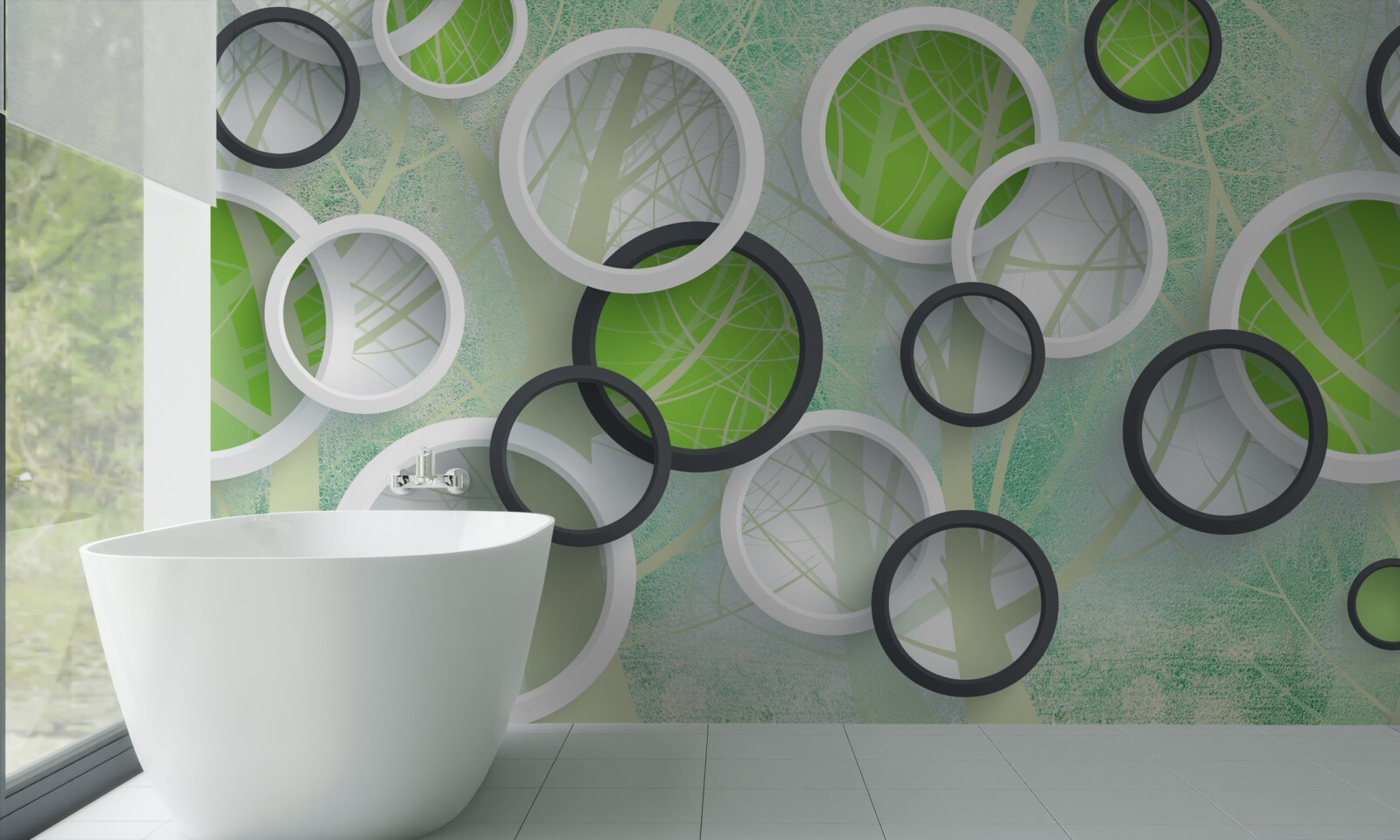 Fotobehang gekleurde cirkels met abstracte afbeeldingen van bomen