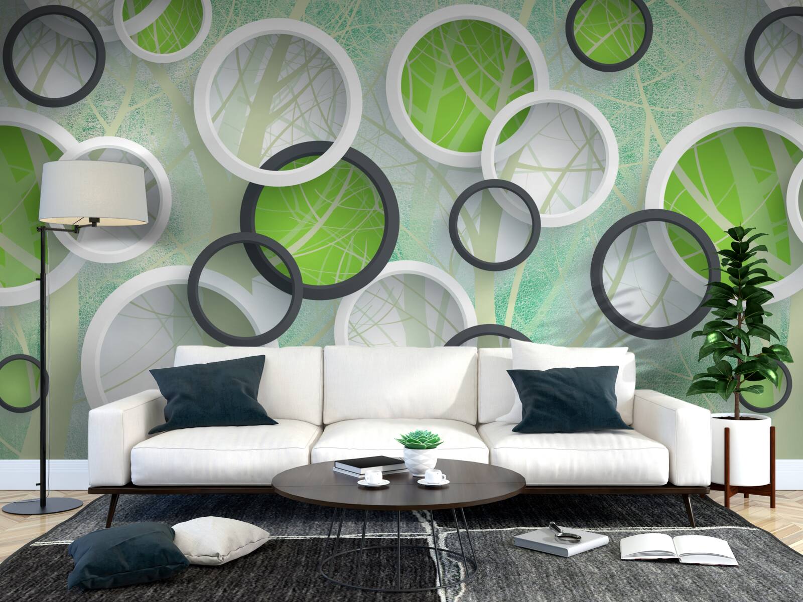 Fotobehang gekleurde cirkels met abstracte afbeeldingen van bomen