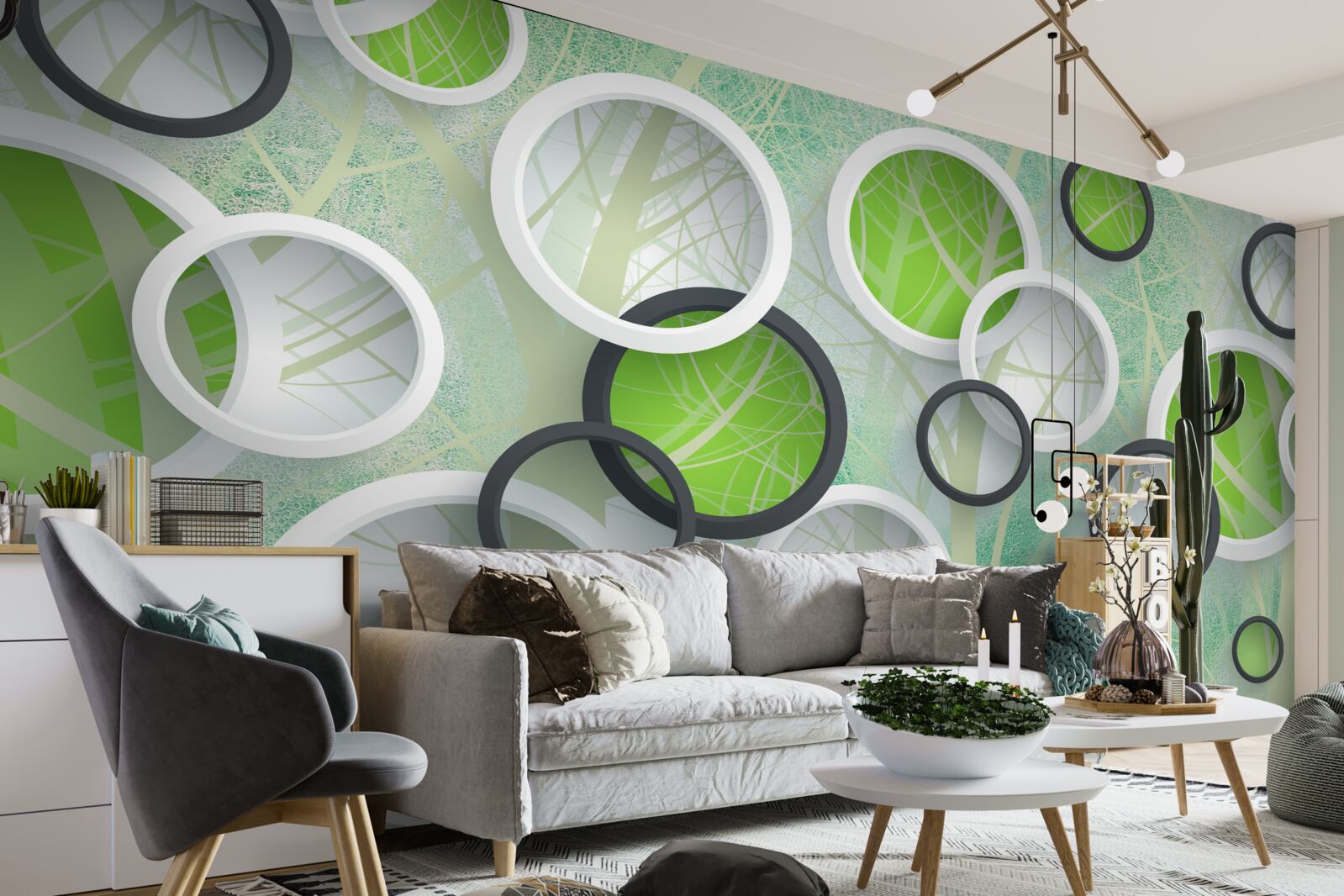 Fotobehang gekleurde cirkels met abstracte afbeeldingen van bomen