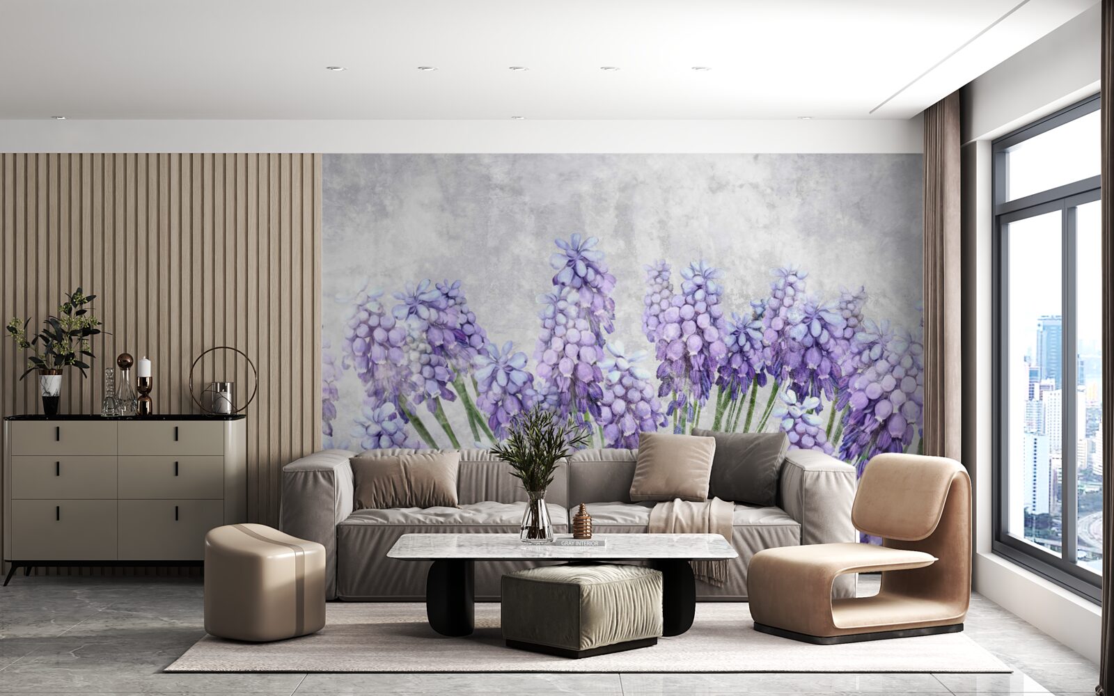 Fotobehang Een weide met prachtige paarse bloemen