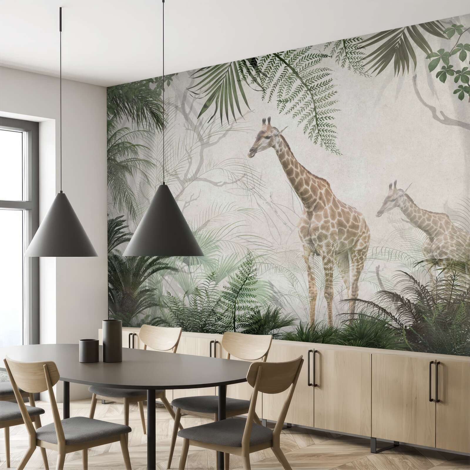 Fotobehang een familie giraffen loopt over een bospad