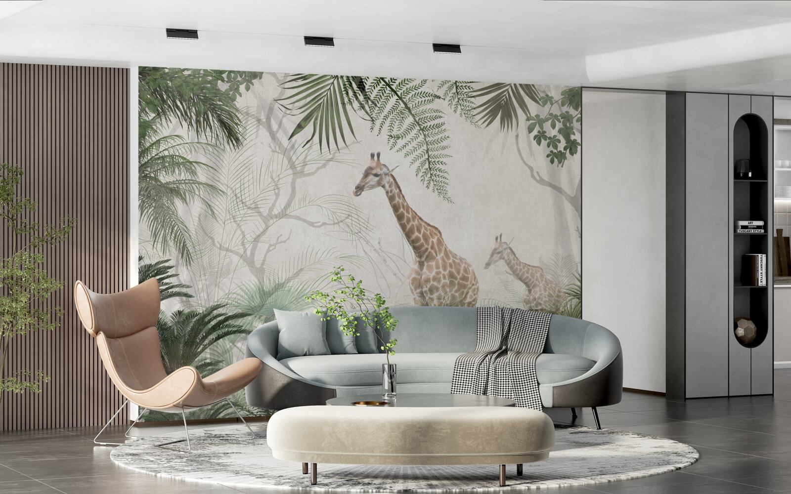 Fotobehang een familie giraffen loopt over een bospad