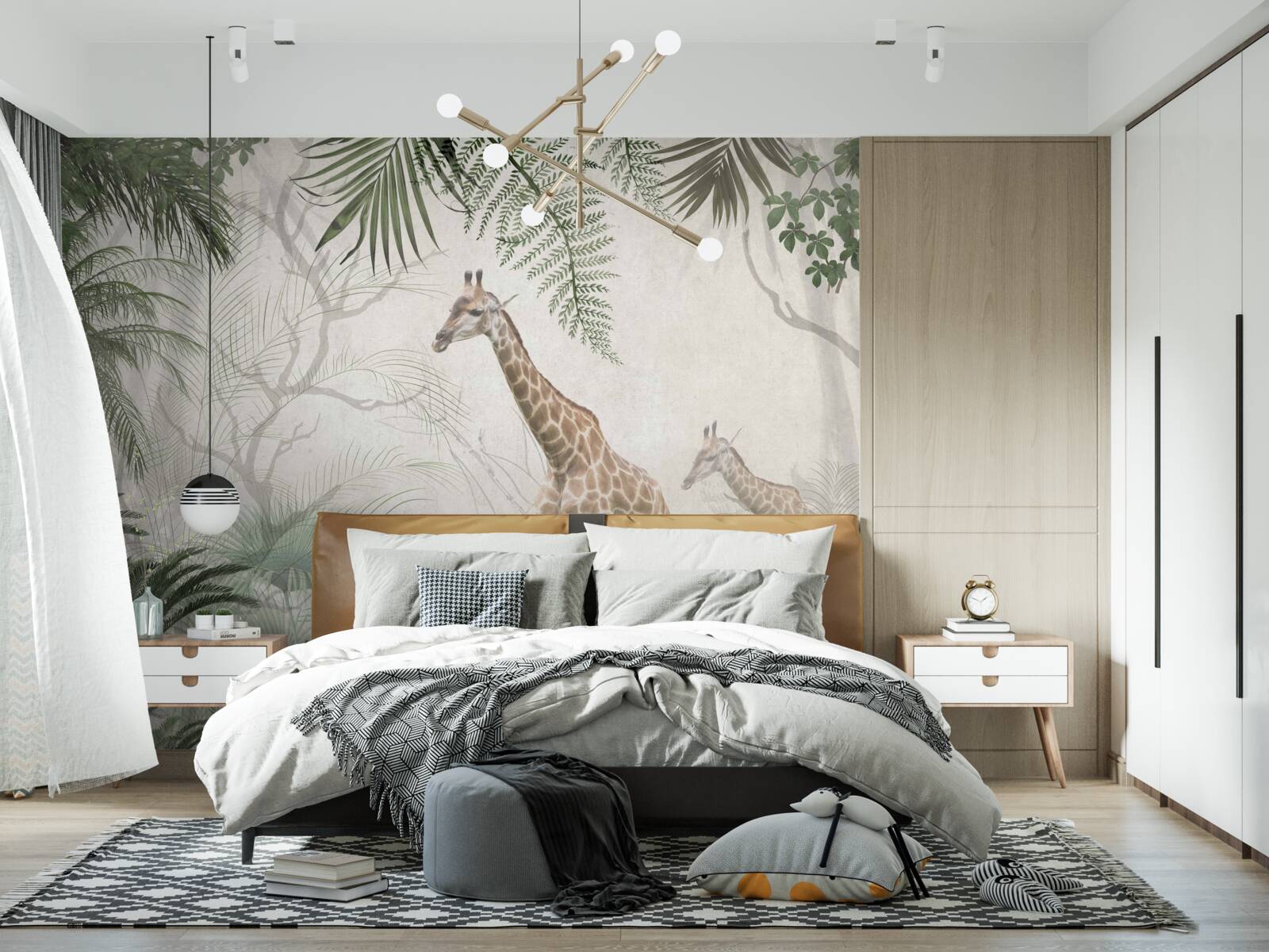 Fotobehang een familie giraffen loopt over een bospad