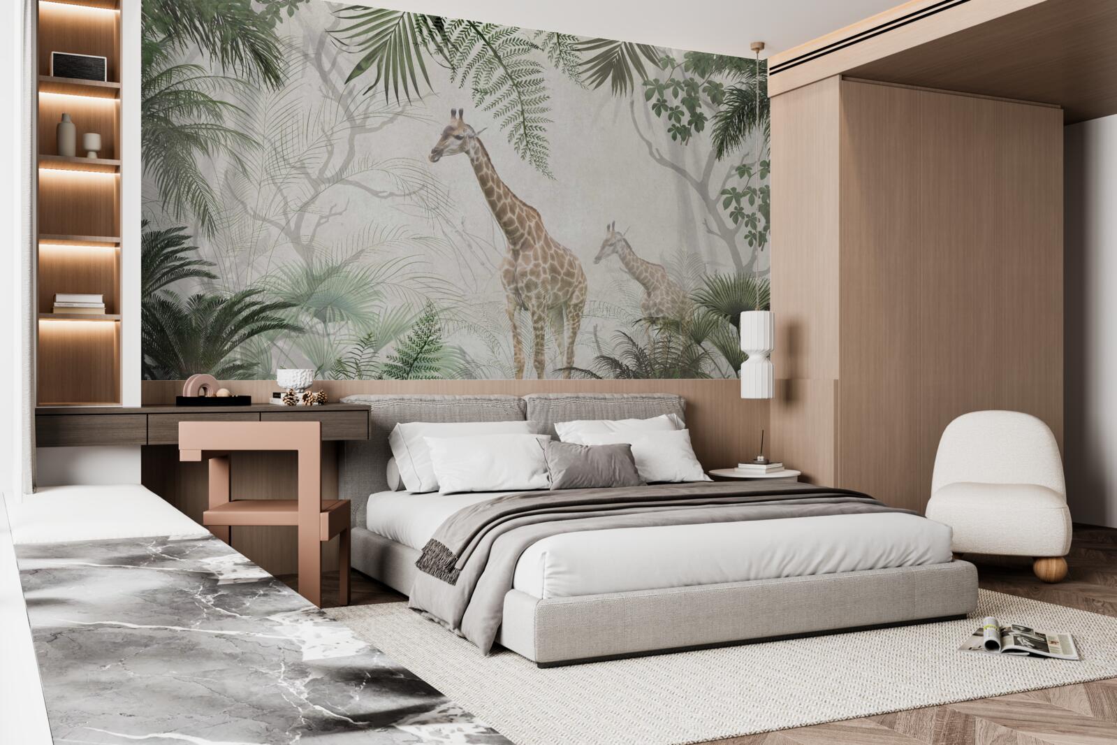 Fotobehang een familie giraffen loopt over een bospad