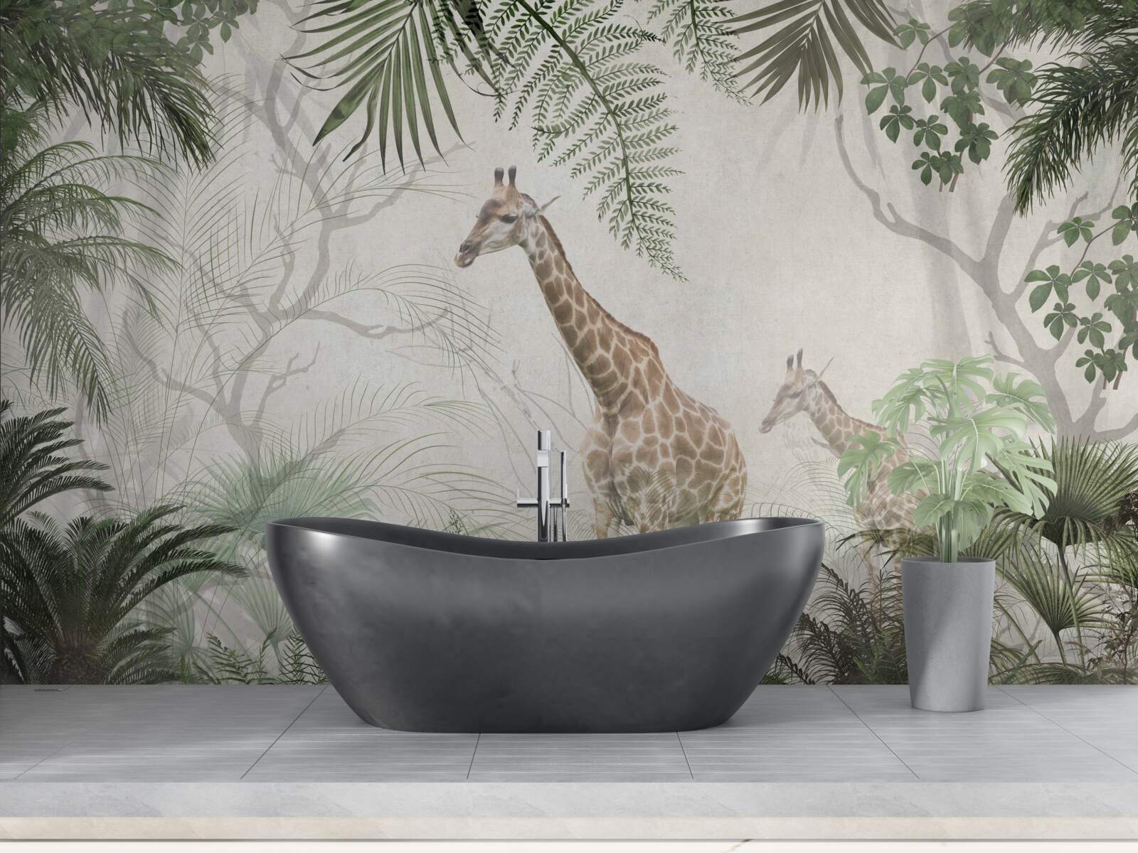 Fotobehang een familie giraffen loopt over een bospad