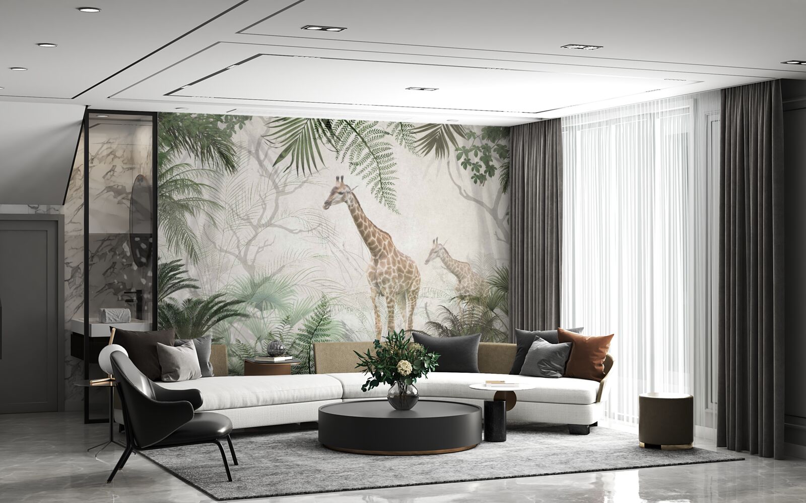 Fotobehang een familie giraffen loopt over een bospad