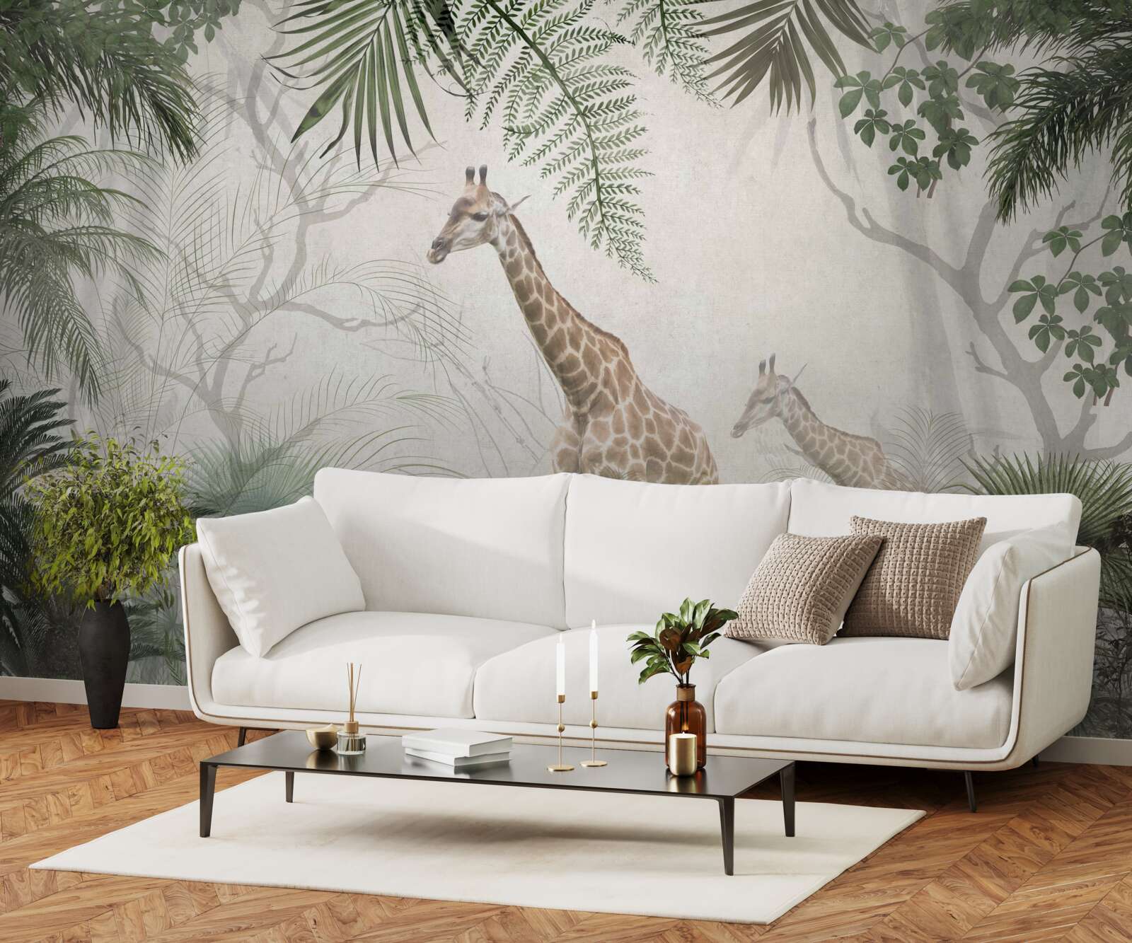 Fotobehang een familie giraffen loopt over een bospad