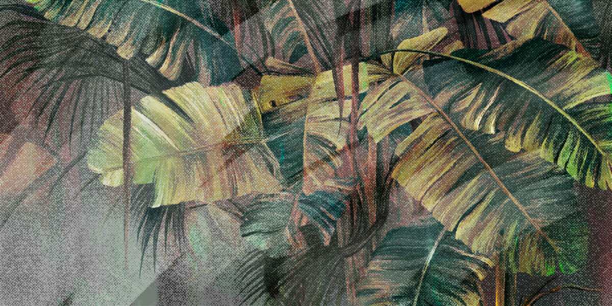 Fotobehang palmbladeren, dik en weelderig, in de stromende regen