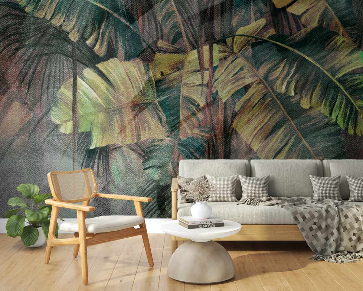 Fotobehang palmbladeren, dik en weelderig, in de stromende regen