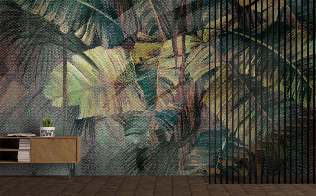 Fotobehang palmbladeren, dik en weelderig, in de stromende regen